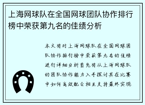 上海网球队在全国网球团队协作排行榜中荣获第九名的佳绩分析