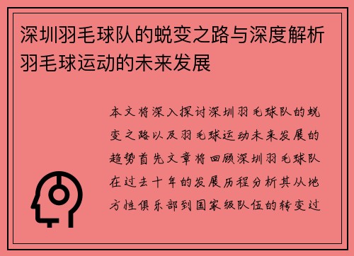 深圳羽毛球队的蜕变之路与深度解析羽毛球运动的未来发展